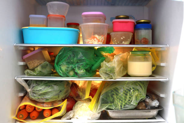 crammed fridge with food