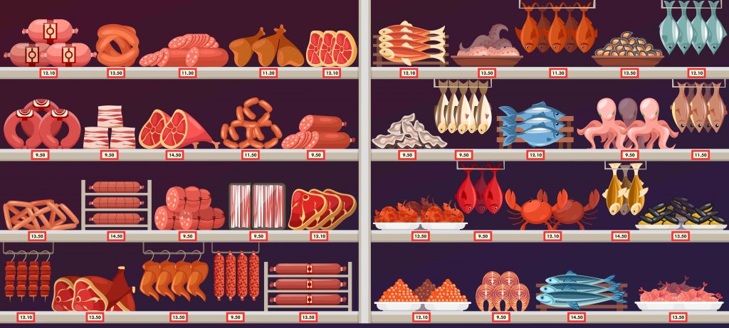 Meat and Fish products at shop or store stall